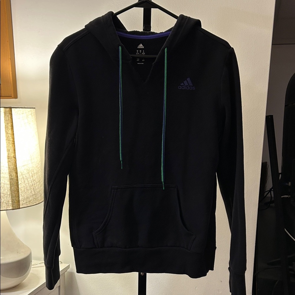 adidas Black Hoodie with Purple Logo and Green Drawcords